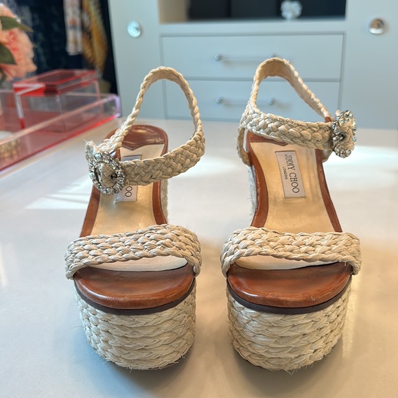 Jimmy Choo Nylah raffia wedges with signature crystal embellished buckle - Picture 2 of 8